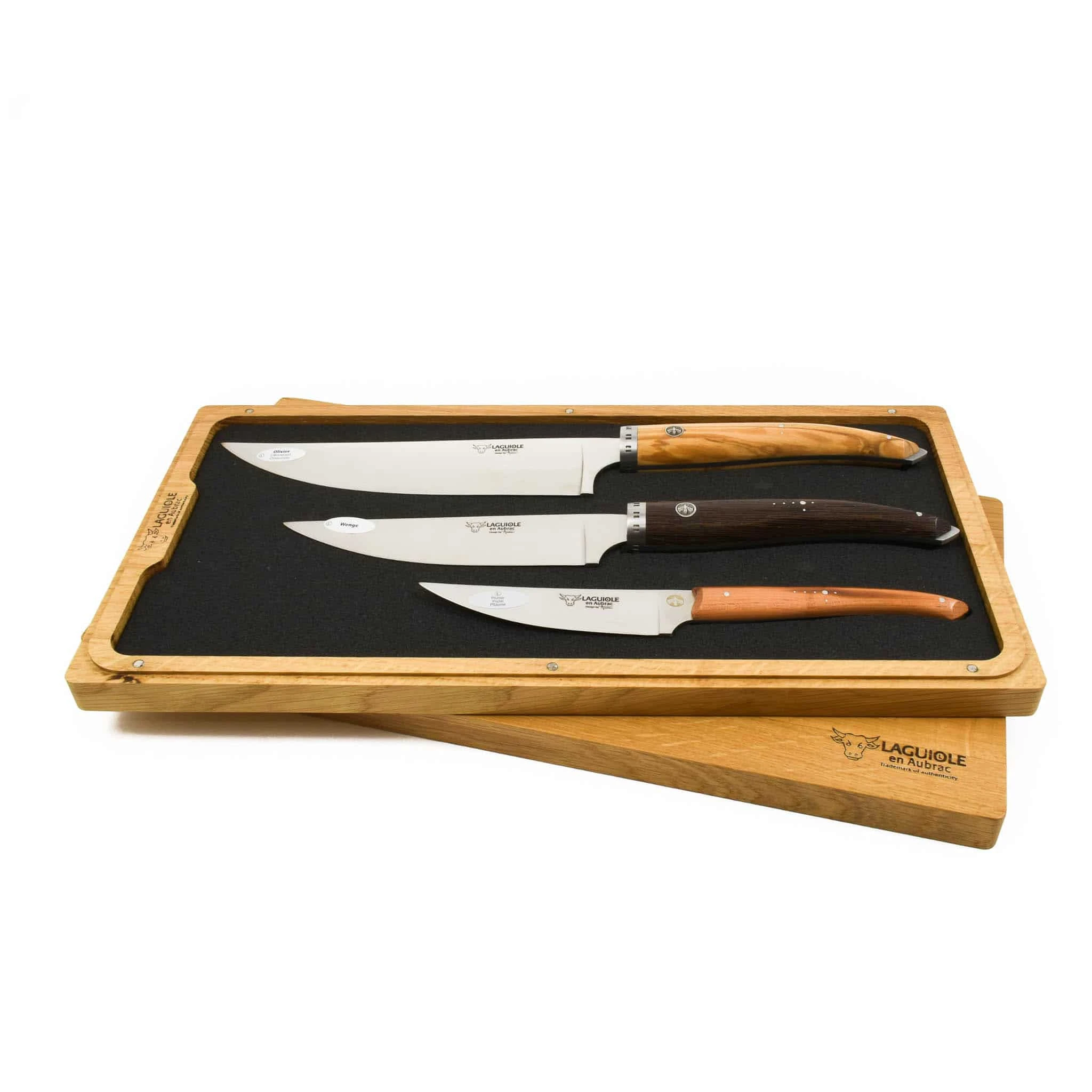 Laguiole En Aubrac Set Of 3 Gourmet Knives In Oak Box, Mixed Woods
