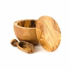 Olive Wood Salt Pot And Scoop Set